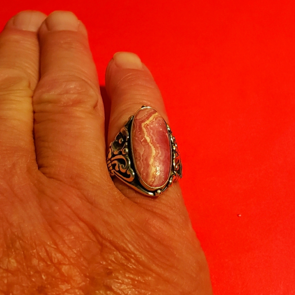 Vintage 925 Sterling Silver Pink Oval Rhodochrosite Ring